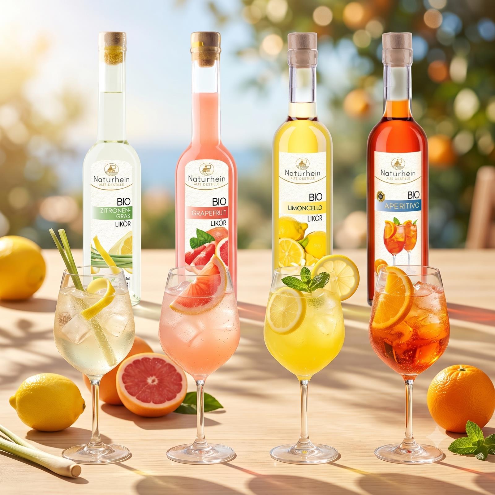 Bio Spritz-Set 4 Sorten Likör – Aperitivo, Limoncello, Zitronengras & Grapefruit | Sommer Tasting Set