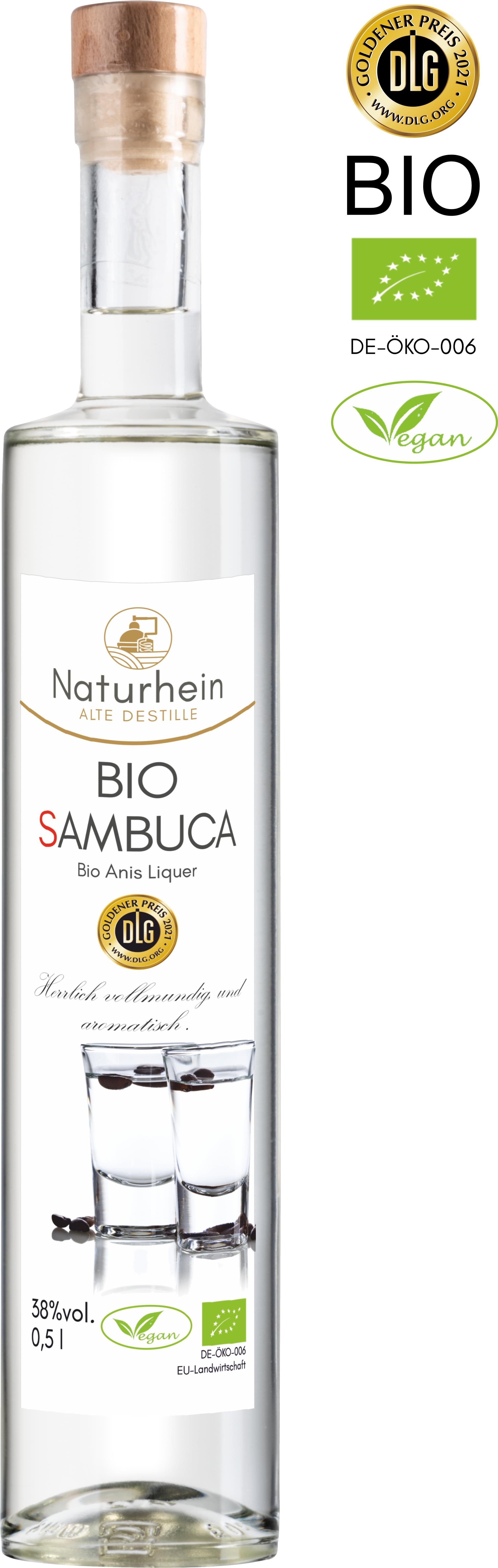 Vegane Bio Sambuca Anis Spirituose. Ausgezeichnet mit der goldenen Medaille der DLG Vegane Bio Sambuca Anis Spirituose. Ausgezeichnet mit der goldenen Medaille der DLG